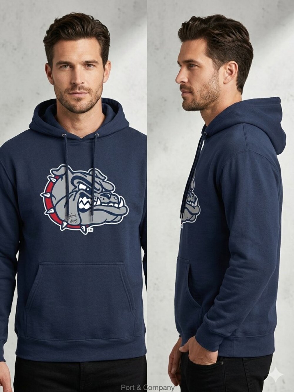 Large Bulldog Print Blue Pullover Fleece Hoodie Men's Sweatshirt - Size Medium